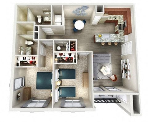 a 3d drawing of a bedroom with a bathroom and a living room at The McKenzie Park Apartments, Little Rock